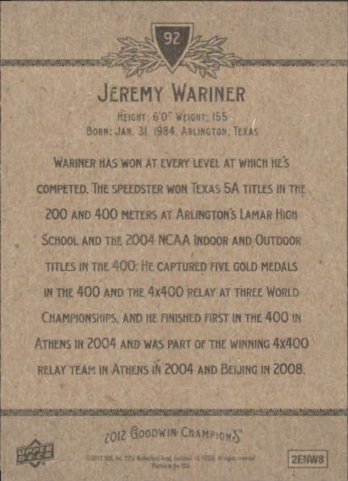 2012 Upper Deck Goodwin Champions #92 Jeremy Wariner back image