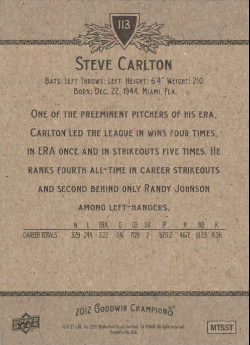 2012 Upper Deck Goodwin Champions #113 Steve Carlton back image