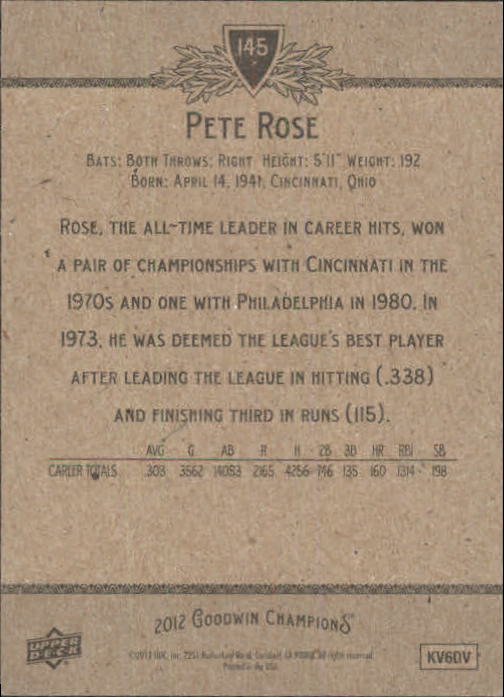 2012 Upper Deck Goodwin Champions #145A Pete Rose back image