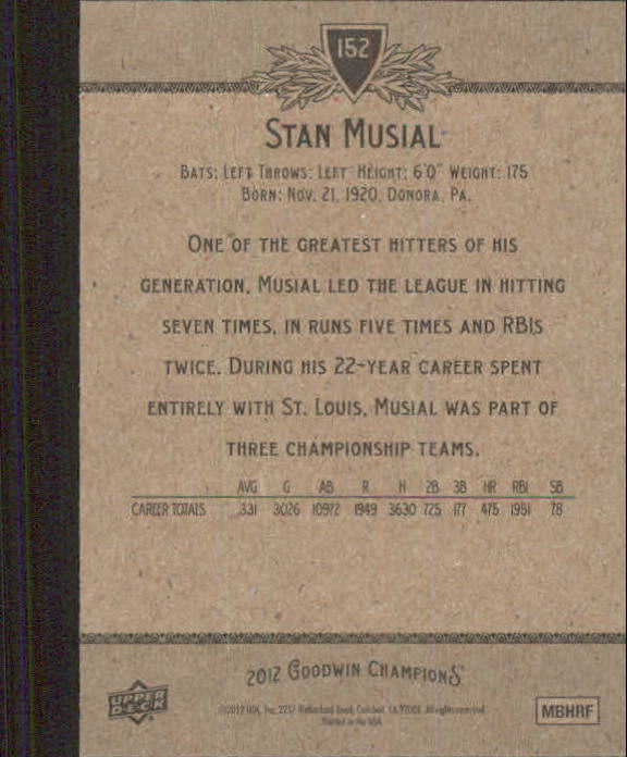 2012 Upper Deck Goodwin Champions #152 Stan Musial SP back image