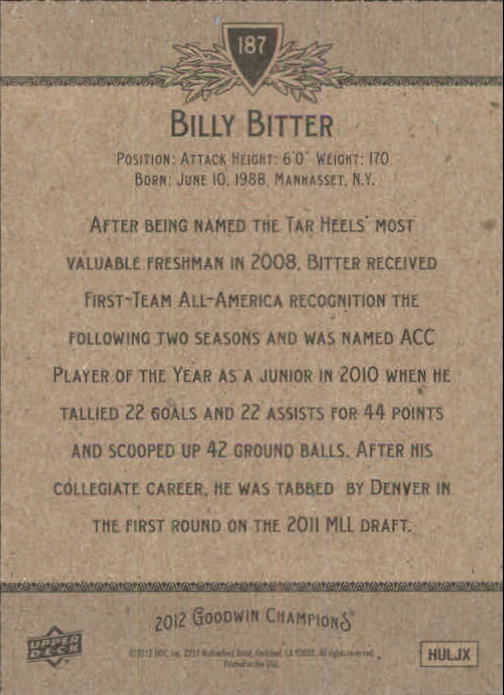 2012 Upper Deck Goodwin Champions #187 Billy Bitter SP back image