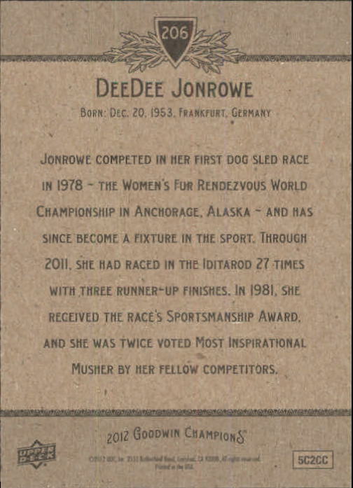 2012 Upper Deck Goodwin Champions #206 Dee Dee Jonrowe SP back image