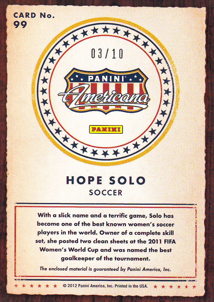 2012 Americana Heroes and Legends Materials Gold Proofs #99 Hope Solo back image