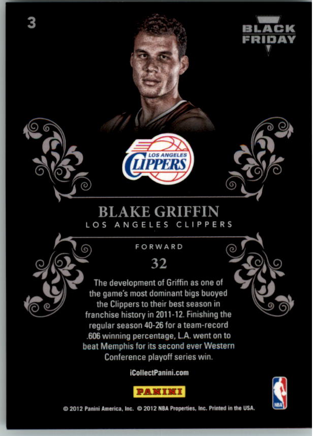2012 Panini Black Friday Black Holofoil #3 Blake Griffin back image