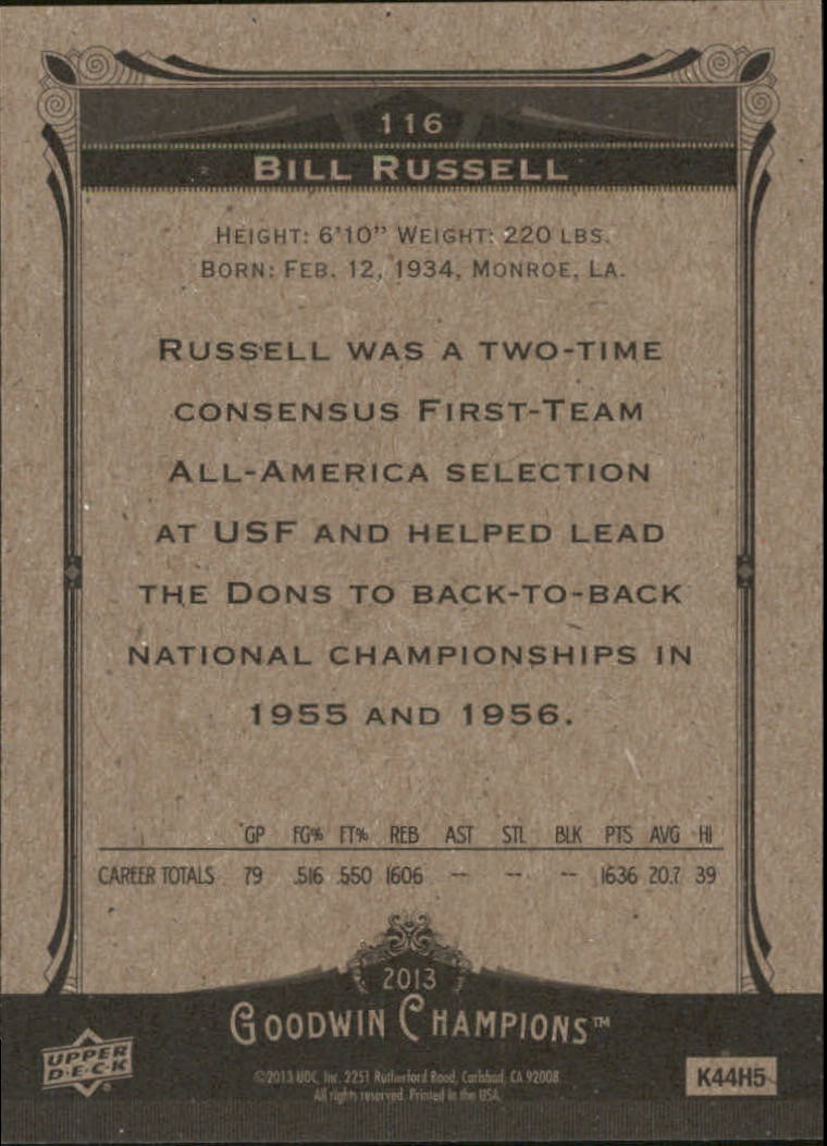 2013 Upper Deck Goodwin Champions #116 Bill Russell back image