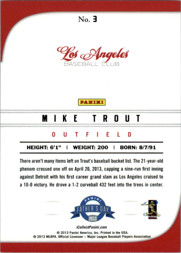 2013 Panini Father's Day #3 Mike Trout back image