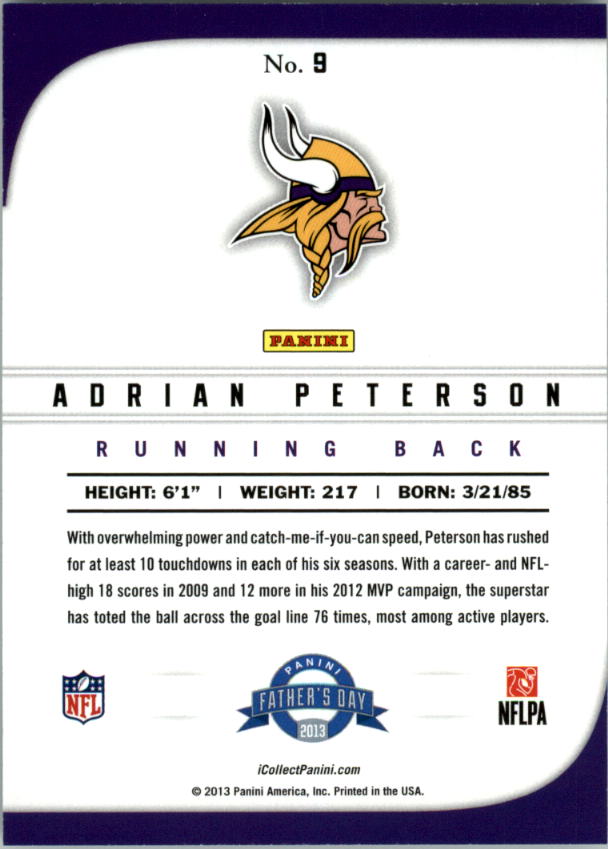 2013 Panini Father's Day #9 Adrian Peterson back image