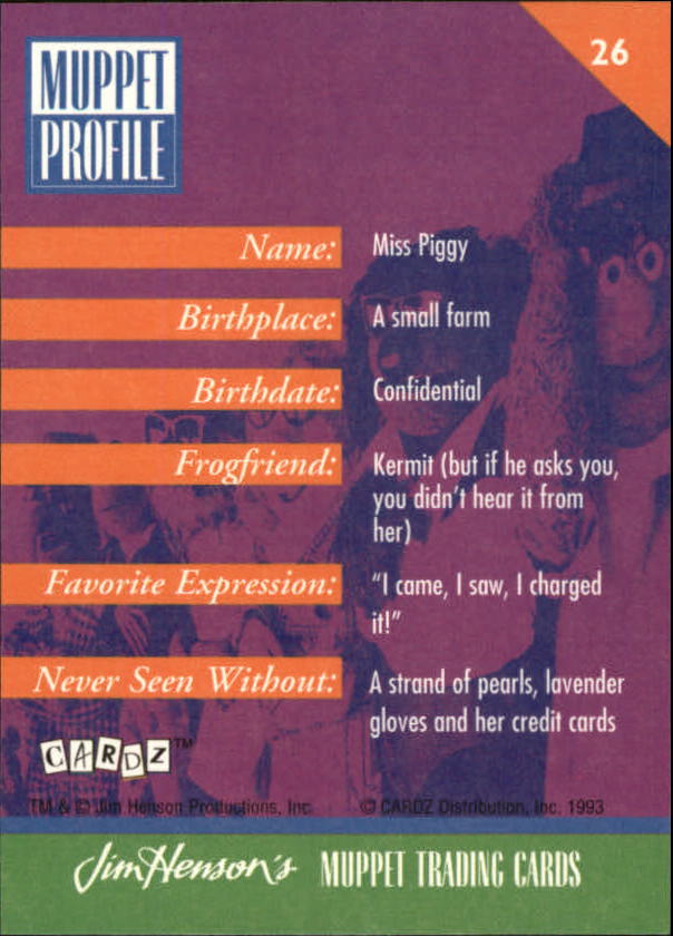 レア　未開封　Muppet Trading Cards 1993 1993 Cardz Jim Henson's Muppet Trading Cards #26 Miss Piggy