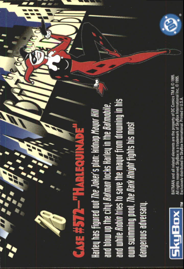 1995 SkyBox Adventures of Batman and Robin #78 Crime File #572 Harlequinade back image