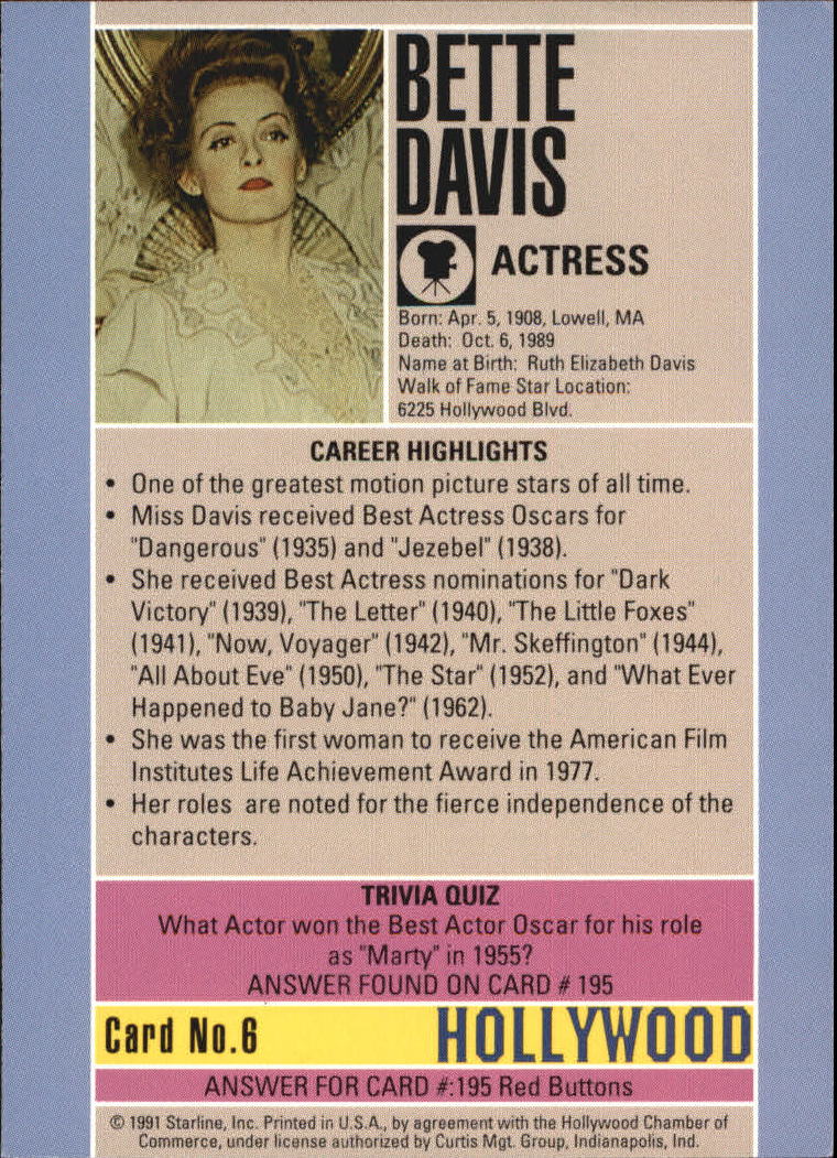 1991 Starline Hollywood Walk of Fame #6 Bette Davis back image
