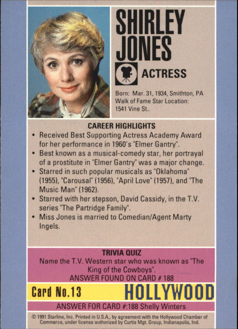 1991 Starline Hollywood Walk of Fame #13 Shirley Jones back image