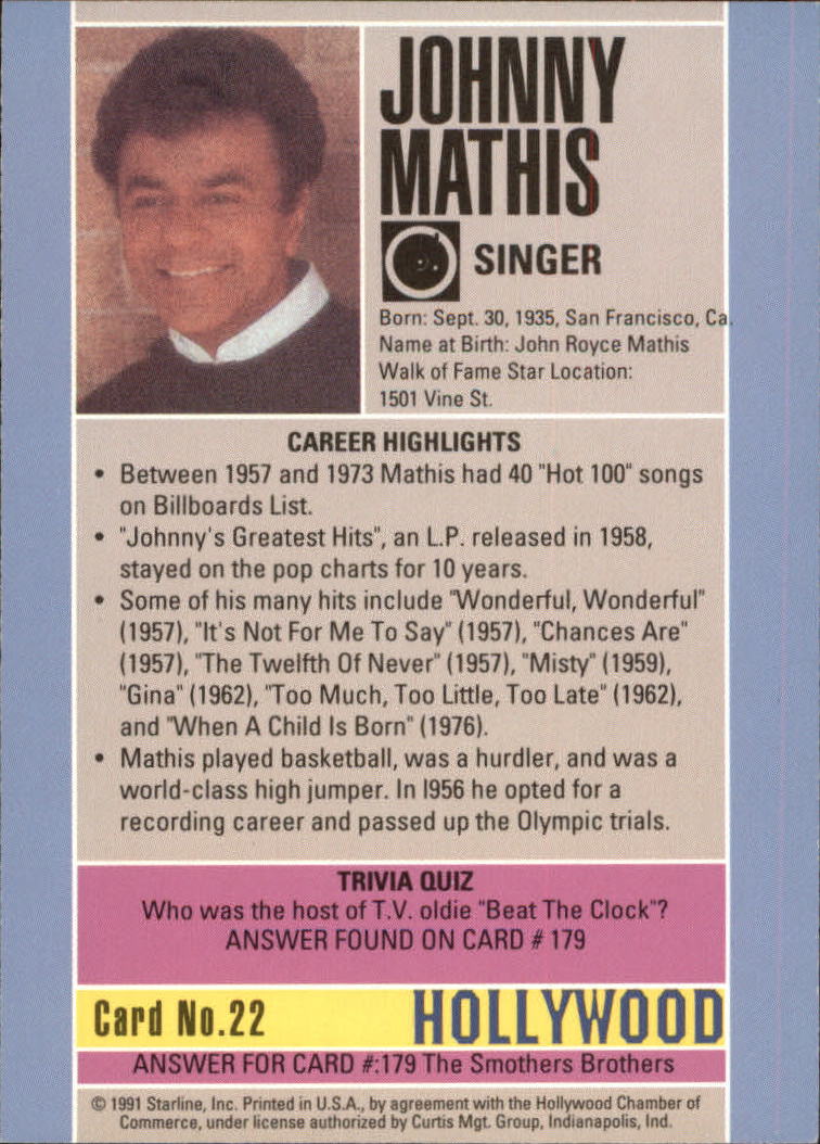 1991 Starline Hollywood Walk of Fame #22 Johnny Mathis back image