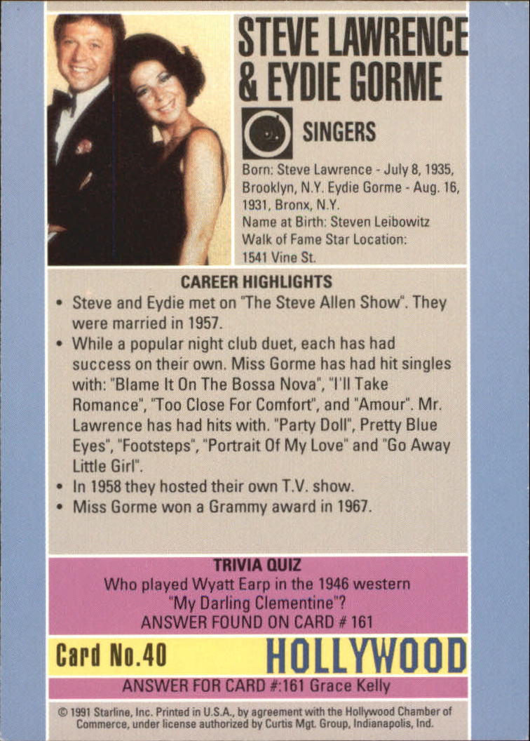 1991 Starline Hollywood Walk of Fame #40 Steve Lawrence and Eydie Gorme back image