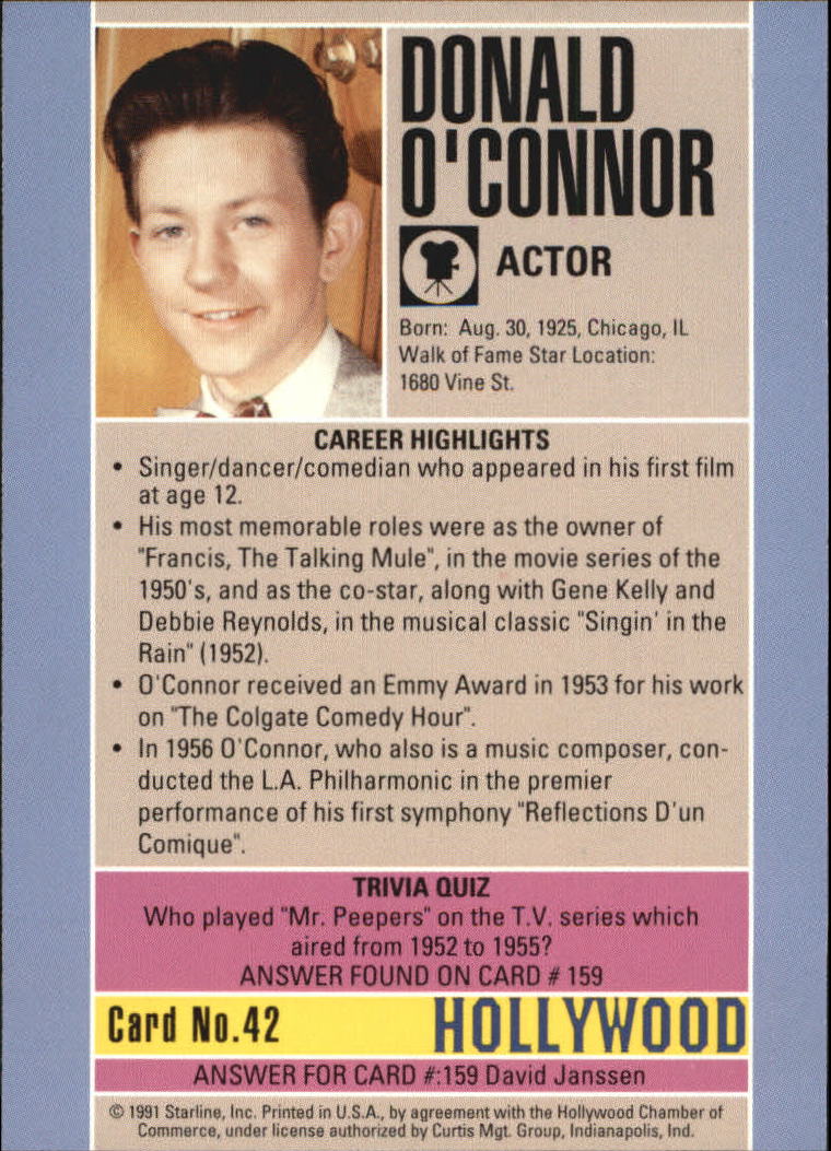 1991 Starline Hollywood Walk of Fame #42 Donald O'Connor back image