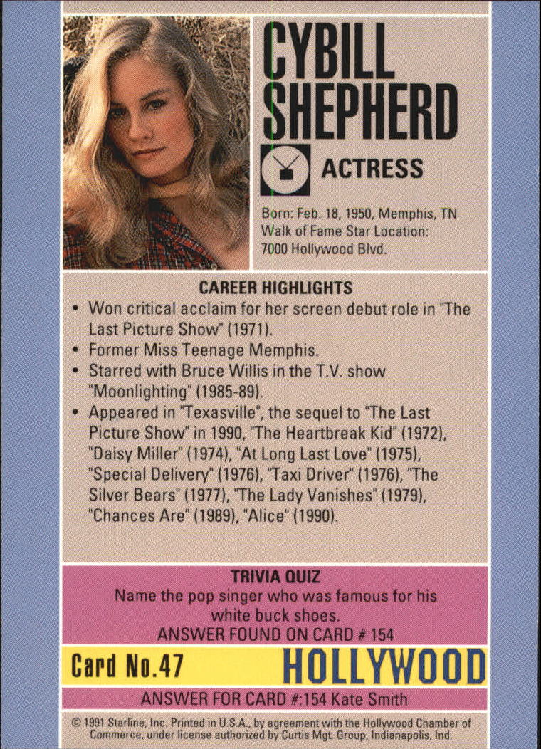 1991 Starline Hollywood Walk of Fame #47 Cybill Shepherd back image
