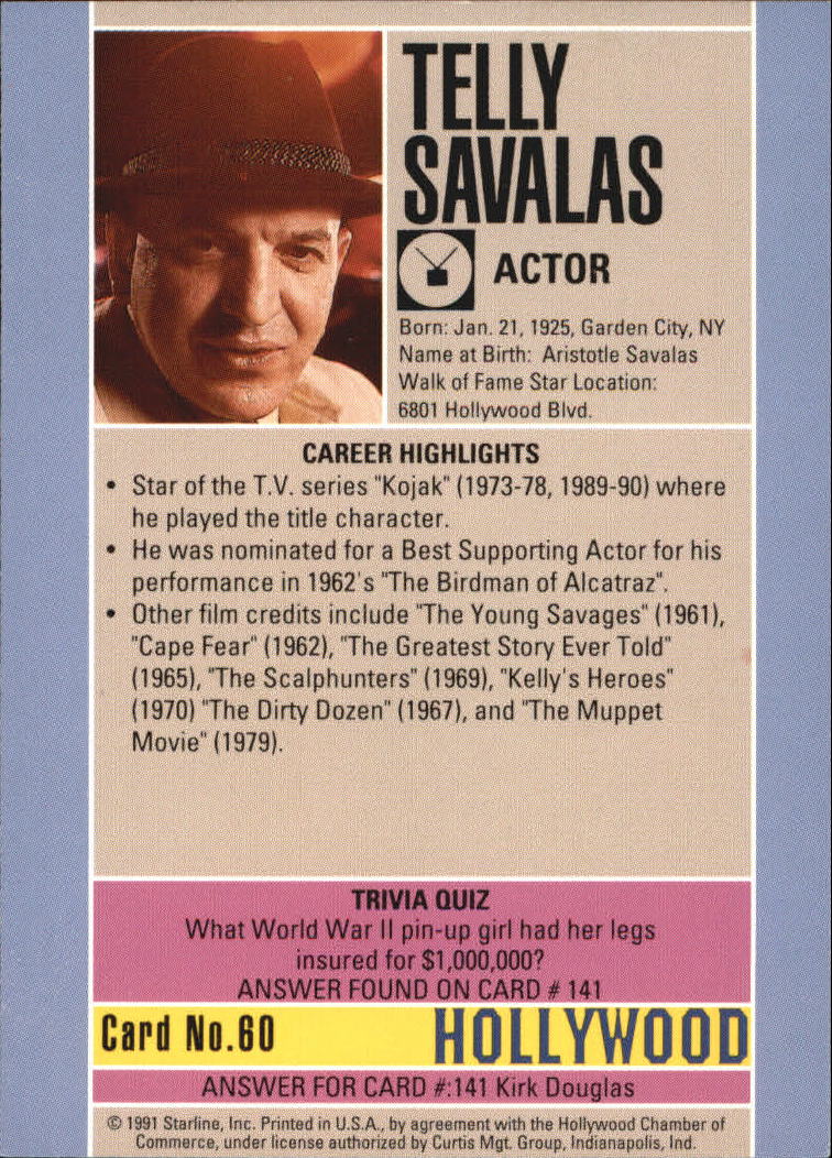 1991 Starline Hollywood Walk of Fame #60 Telly Savalas back image