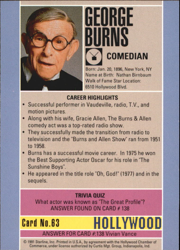 1991 Starline Hollywood Walk of Fame #63 George Burns back image