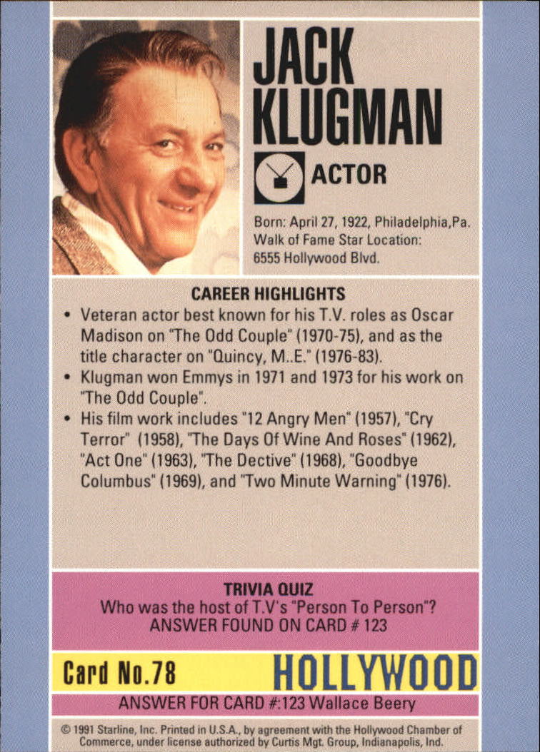 1991 Starline Hollywood Walk of Fame #78 Jack Klugman back image