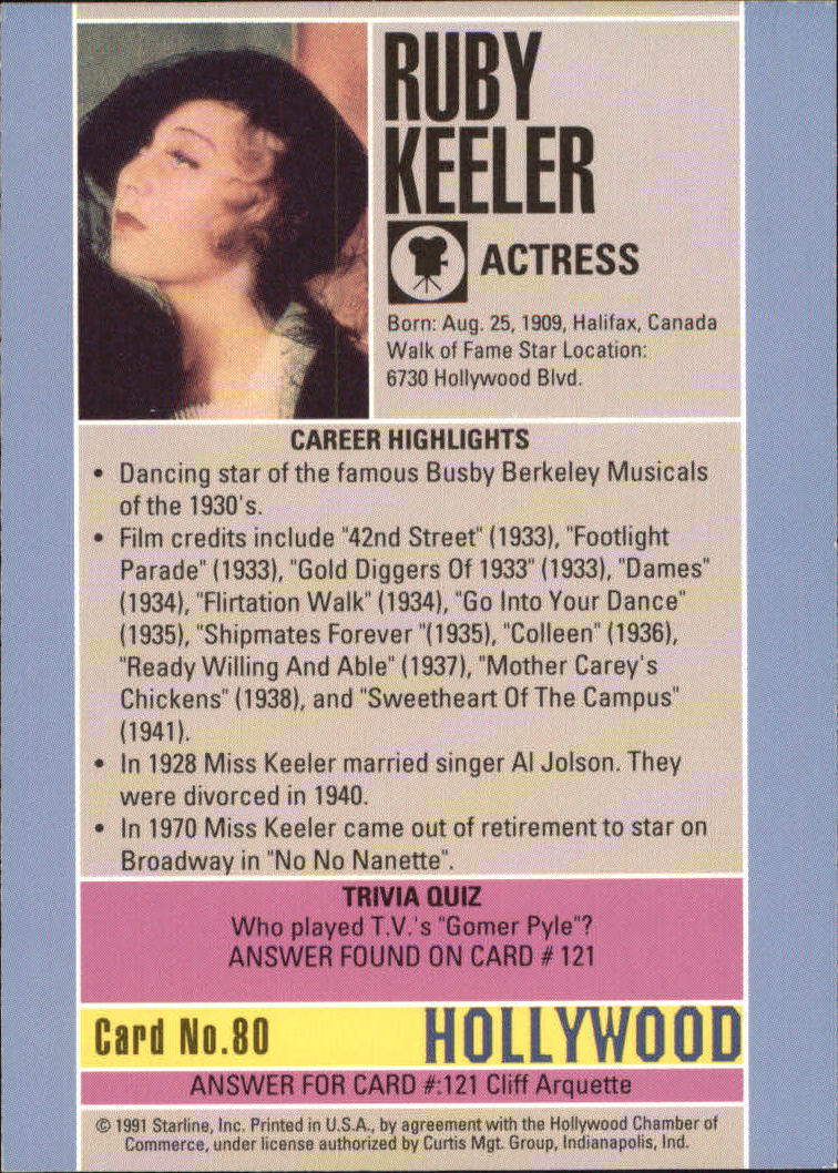 1991 Starline Hollywood Walk of Fame #80 Ruby Keeler back image