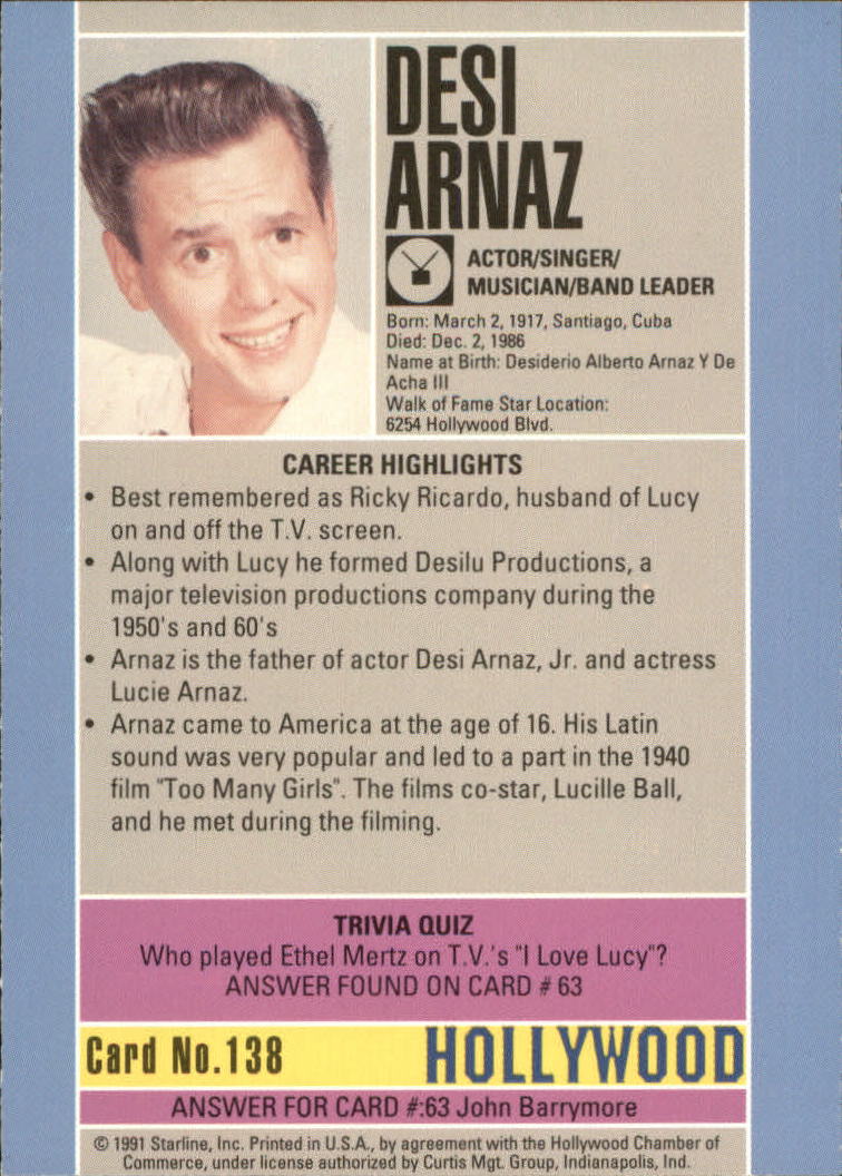 1991 Starline Hollywood Walk of Fame #138 Desi Arnaz back image