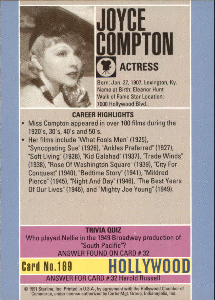 1991 Starline Hollywood Walk of Fame #169 Joyce Compton back image