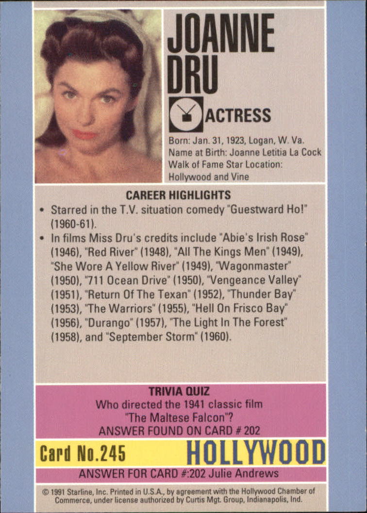 1991 Starline Hollywood Walk of Fame #245 Joanne Dru back image