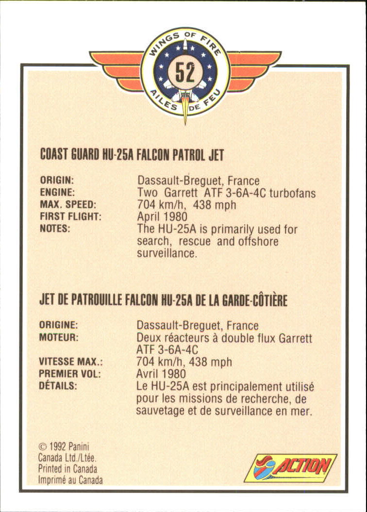 1992 Panini Wings of Fire #52 Coast Guard HU-25A Falcon Patrol Jet ...