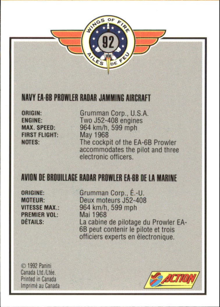 1992 Panini Wings of Fire 92 Navy EA6B Prowler Radar Jamming Aircraft