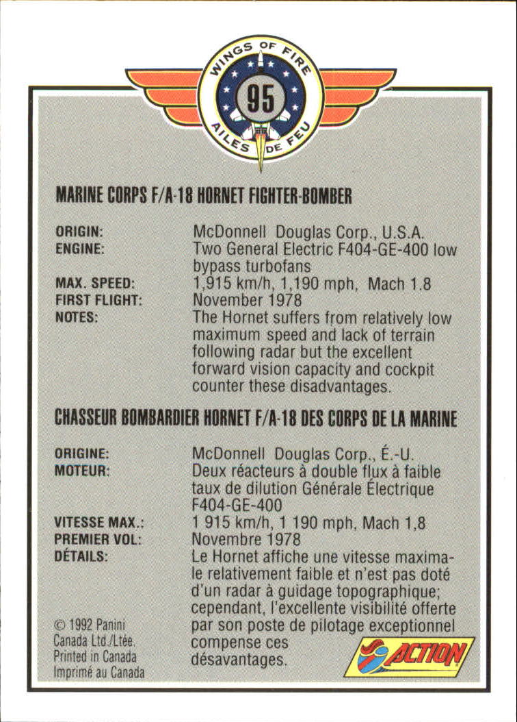 1992 Panini Wings of Fire #95 Marine Corms F/A-18 Hornet Fighter-Bomber ...