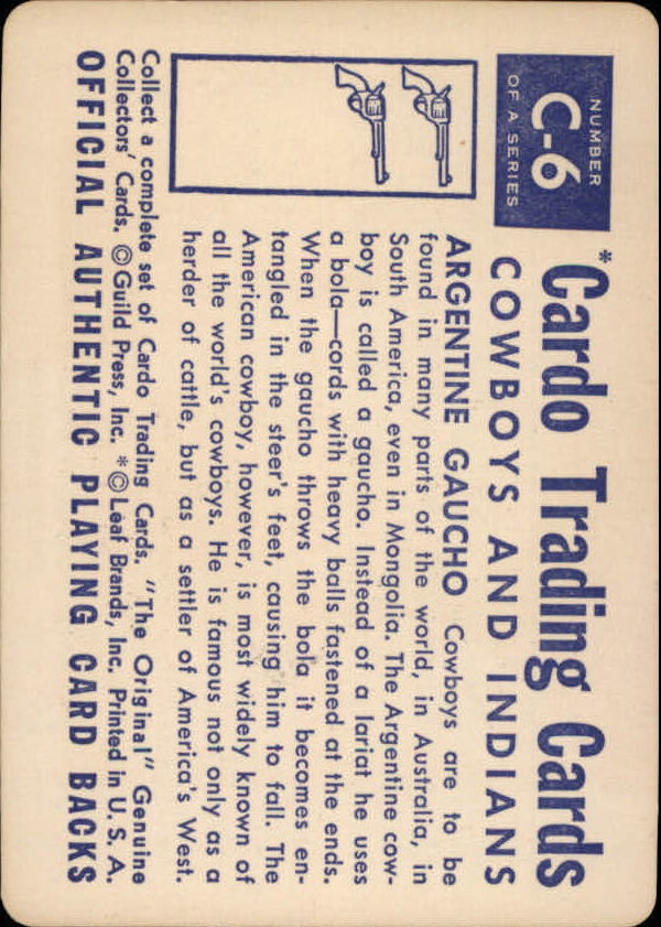1958 Leaf Card-O Cowboys and Indians #C6 Argentine Gaucho Throwing Bola back image