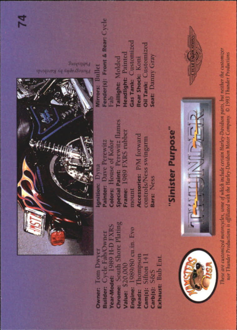 1993 Thunder Productions Thunder Custom Motorcycles #74 1989 H-D FXRS back image