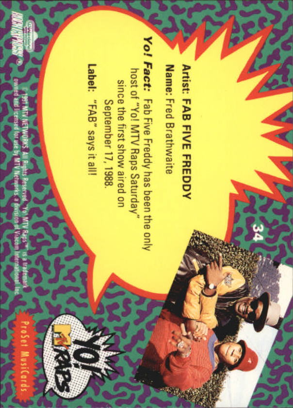 1991 Pro Set YO! MTV Raps Complete Series #34 Fab Five Freddy back image