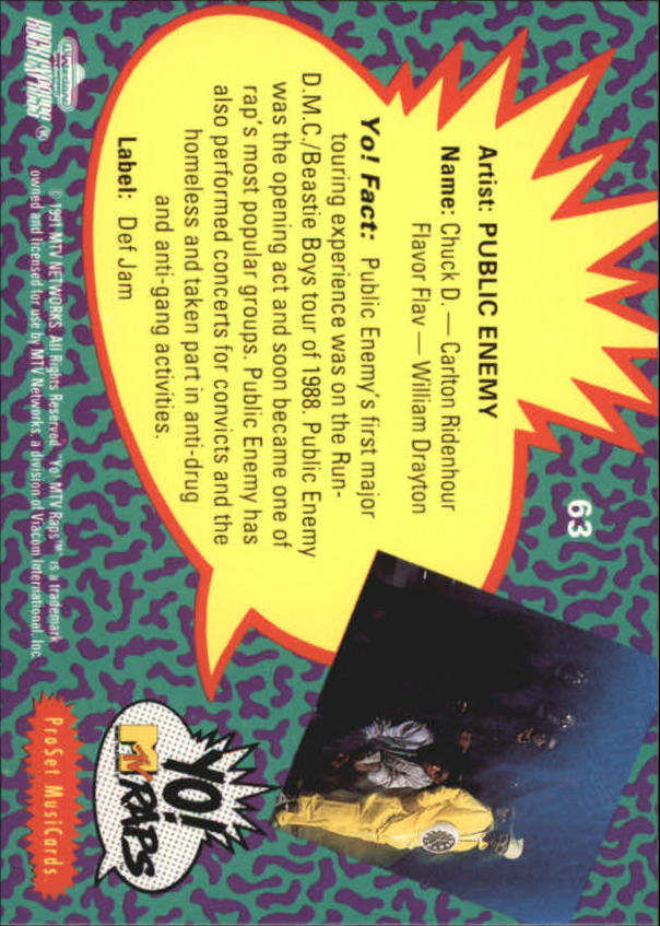1991 Pro Set YO! MTV Raps Complete Series #63 Public Enemy back image