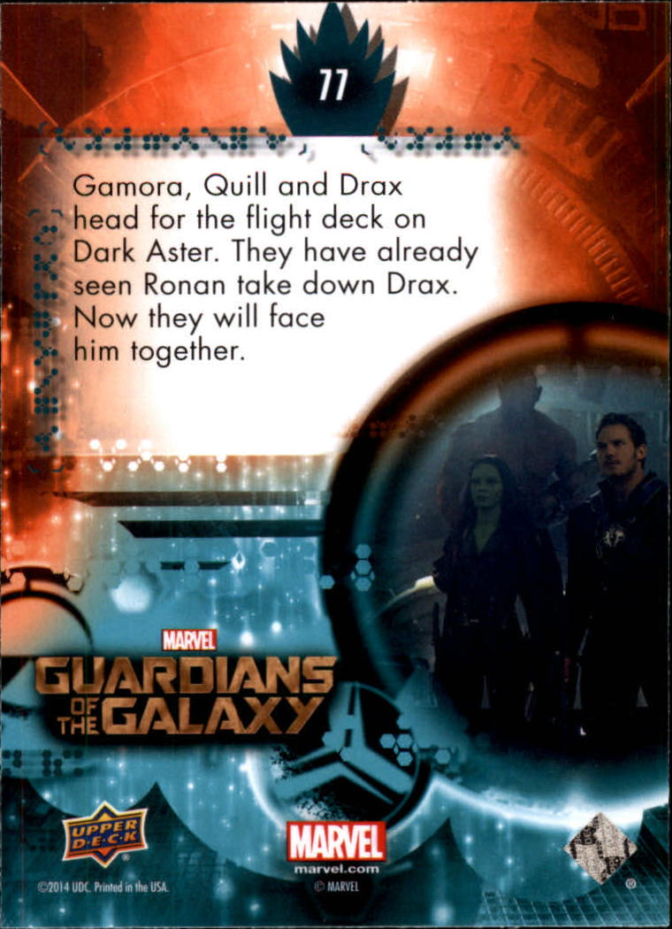 2014 Upper Deck Guardians of the Galaxy #77 Gamora, Quill and Drax head for the flight deck on back image