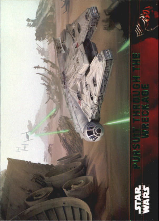 2015 Topps Star Wars The Force Awakens Series One Lightsaber Green #94 Pursuit through the wreckage