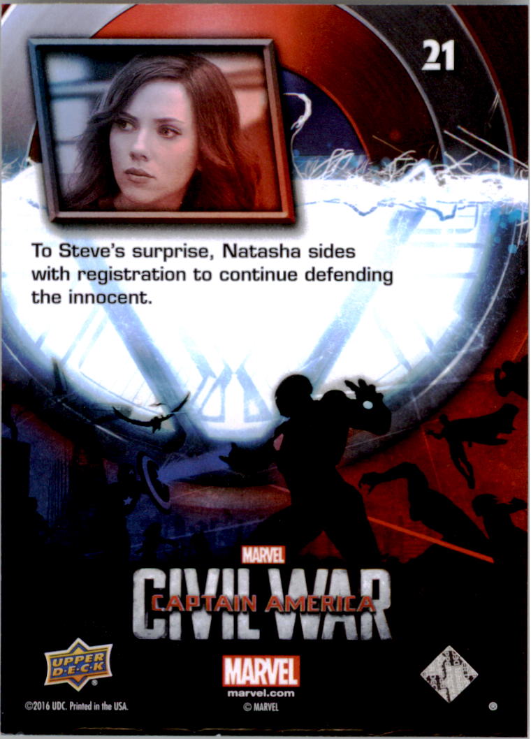 2016 Upper Deck Captain America Civil War #21 To Steve's surprise, Natasha sides with registration to continue defending the innocent. back image