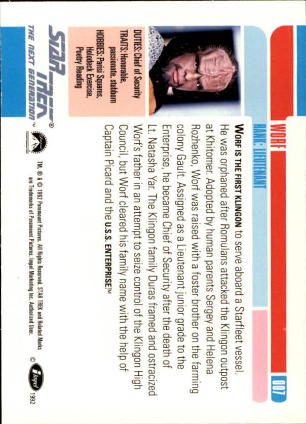 1992 SkyBox Star Trek The Next Generation #7 Worf back image
