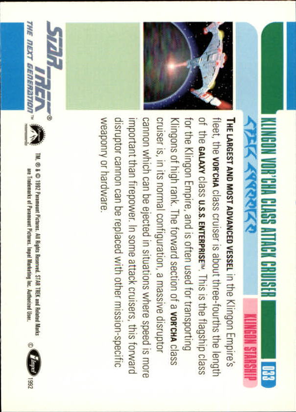 1992 SkyBox Star Trek The Next Generation #33 Klingon Vor'Cha Class Attack Cruiser back image