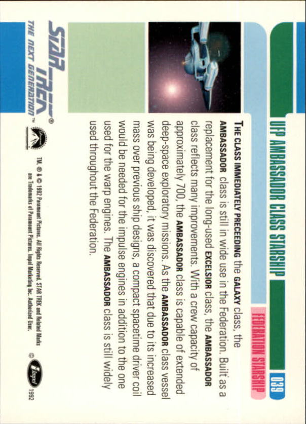 1992 SkyBox Star Trek The Next Generation #39 UFP Ambassador Class Starship back image
