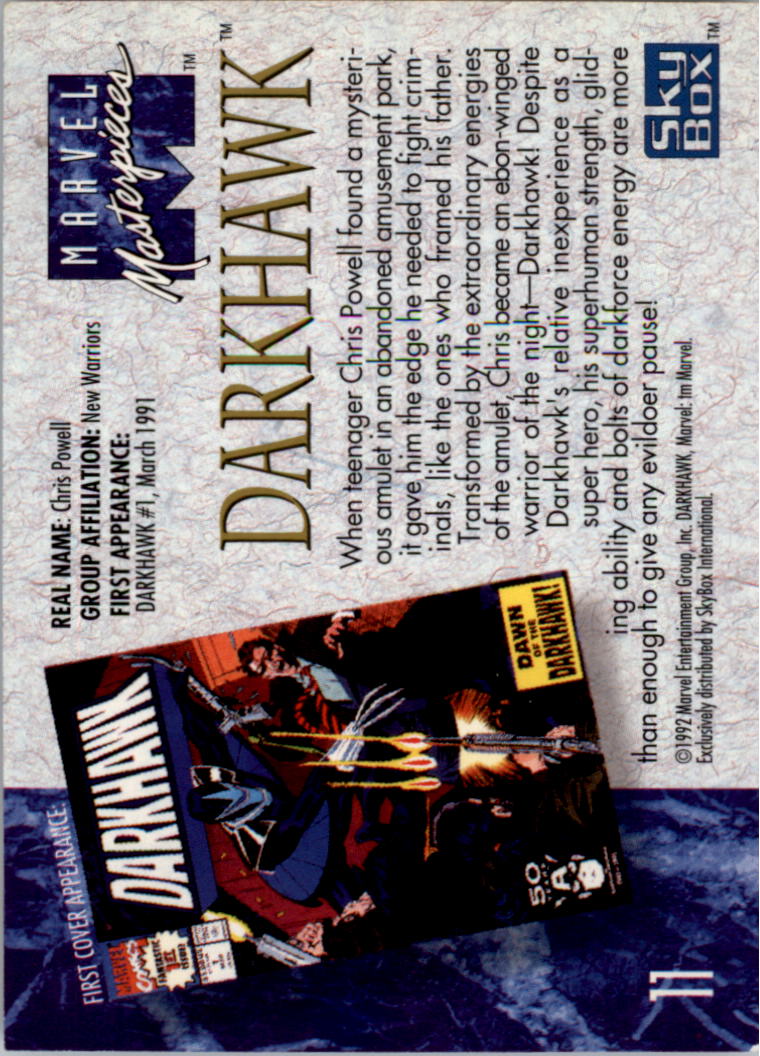 1992 SkyBox Marvel Masterpieces #11 Darkhawk back image