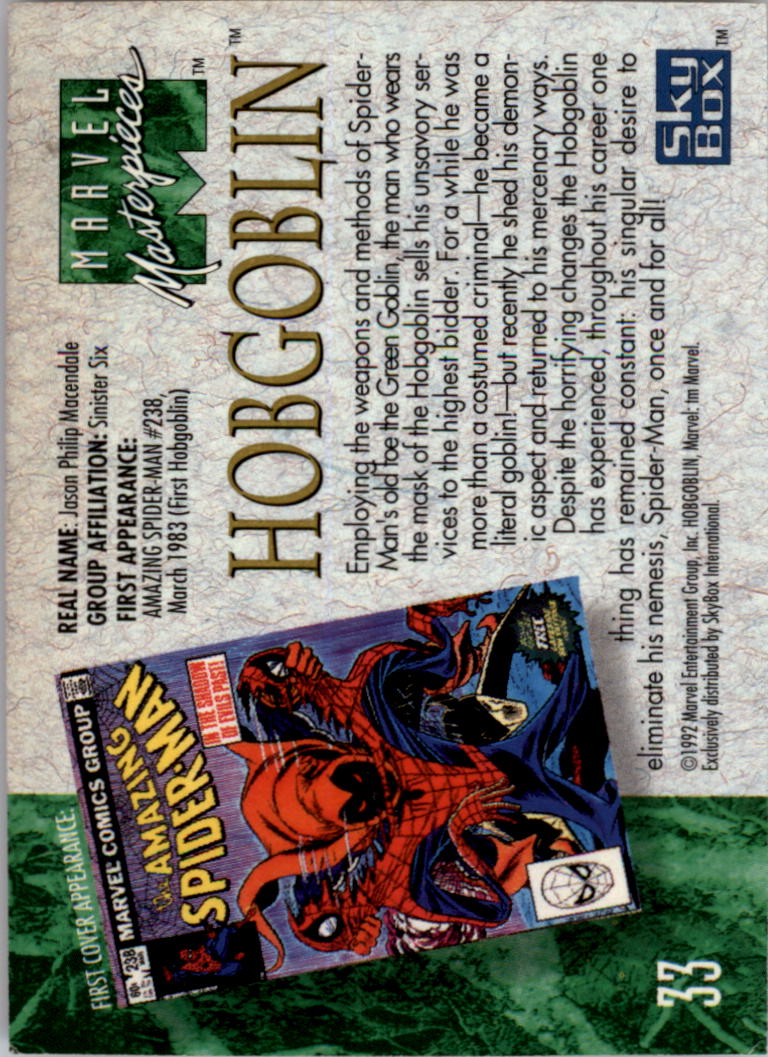 1992 SkyBox Marvel Masterpieces #33 Hobgoblin back image