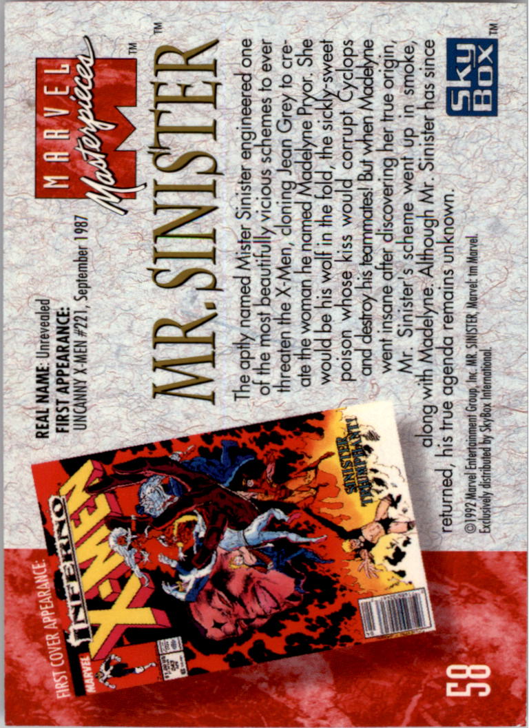 #58 Sinister. Details about  / 1992 Marvel Masterpieces Mr 1 Single Base Card