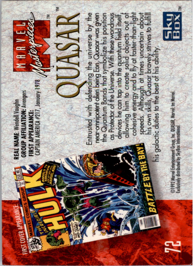 1992 SkyBox Marvel Masterpieces #72 Quasar back image