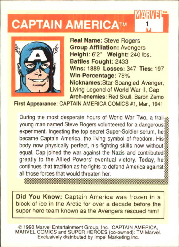 1990 Impel Marvel Universe I #1 Captain America back image