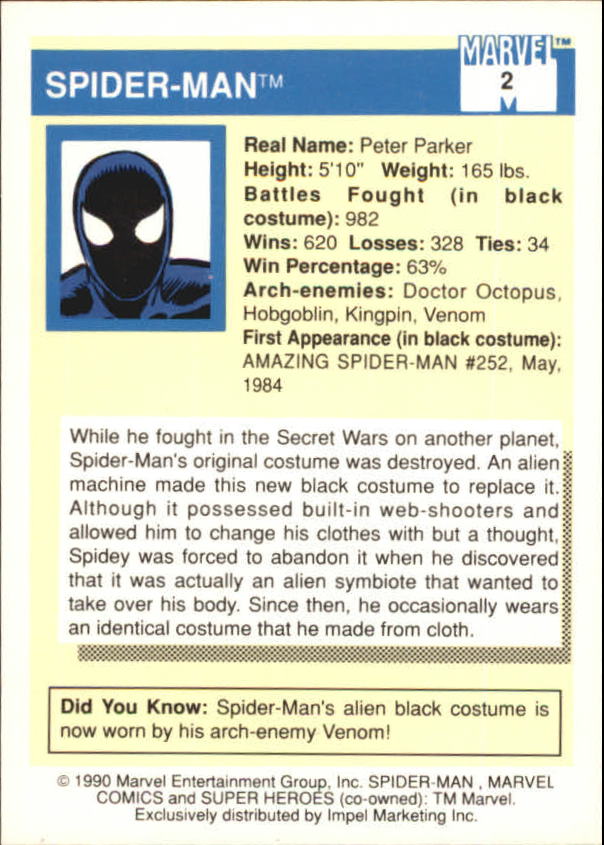 1990 Impel Marvel Universe I #2 Spider-Man back image