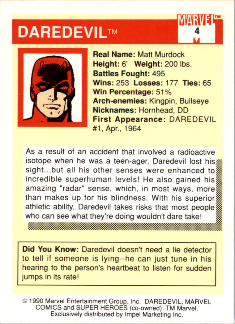 1990 Impel Marvel Universe I #4 Daredevil back image