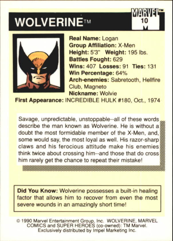 1990 Impel Marvel Universe I #10 Wolverine back image