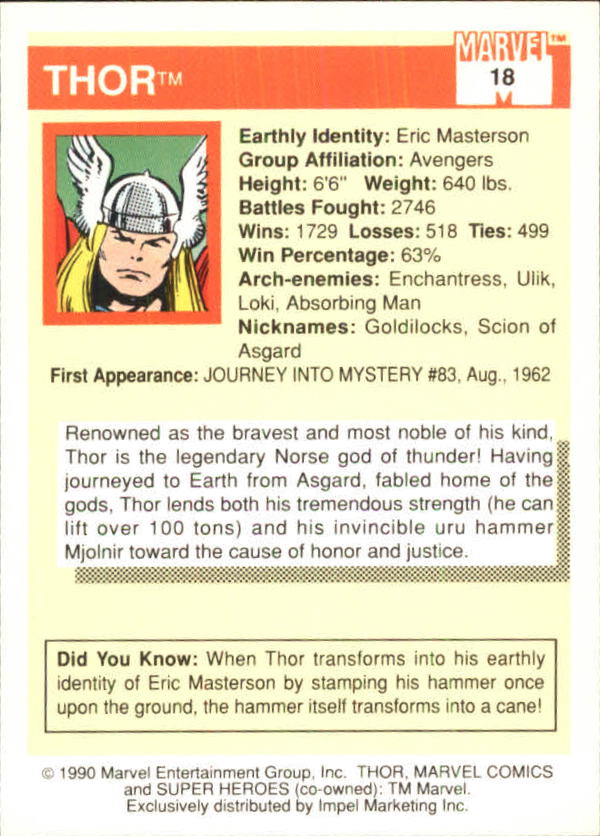 1990 Impel Marvel Universe I #18 Thor back image