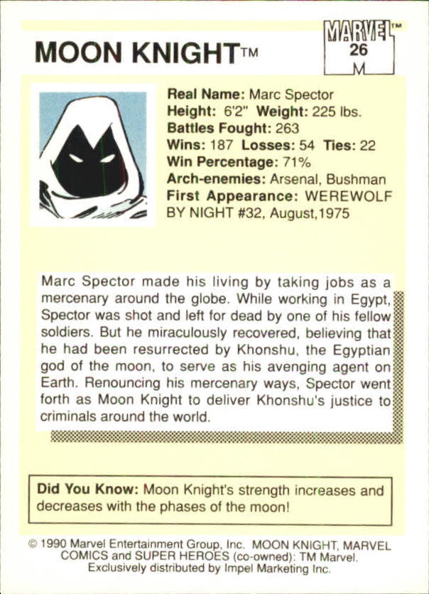 1990 Impel Marvel Universe I #26 Moon Knight back image