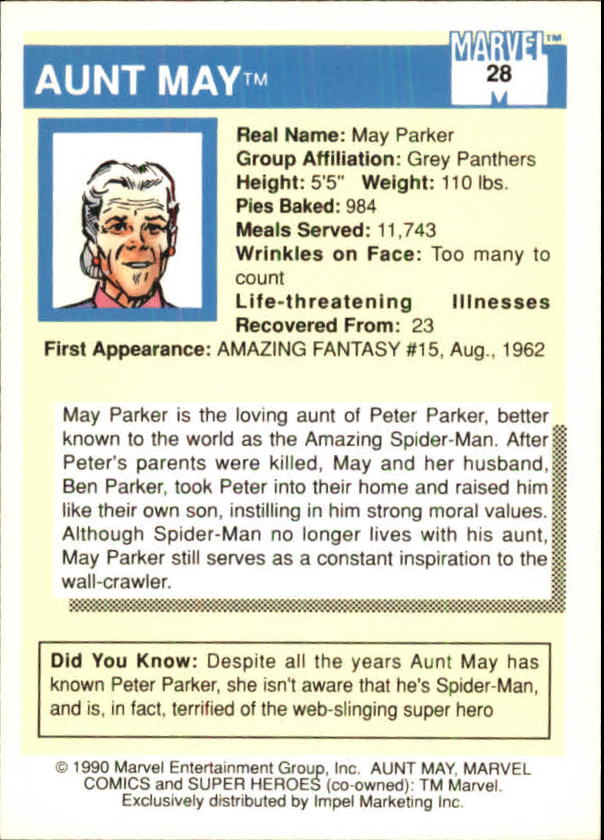 1990 Impel Marvel Universe I #28 Aunt May back image